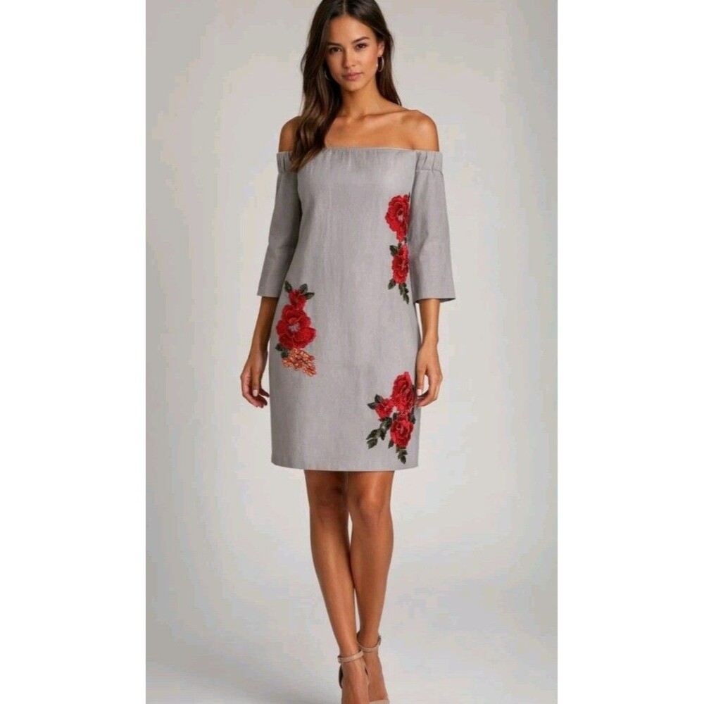 Ellie & Kate Mini Dress Size M Blue Floral Embroidery Rayon Off The Shoulders
